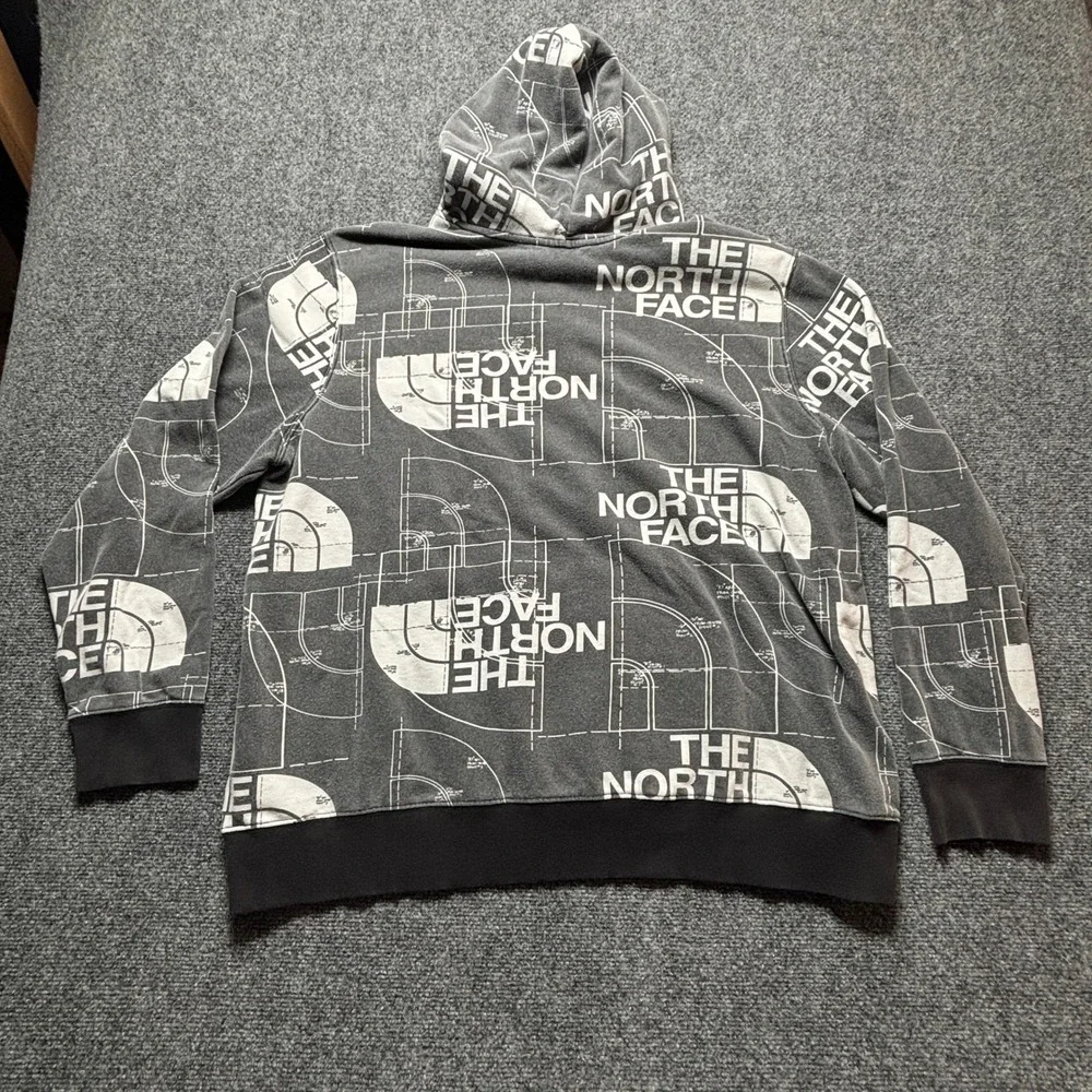 The North Face Mens XXL Blueprint Logo All Over Print Hoodie Grey White Fleece